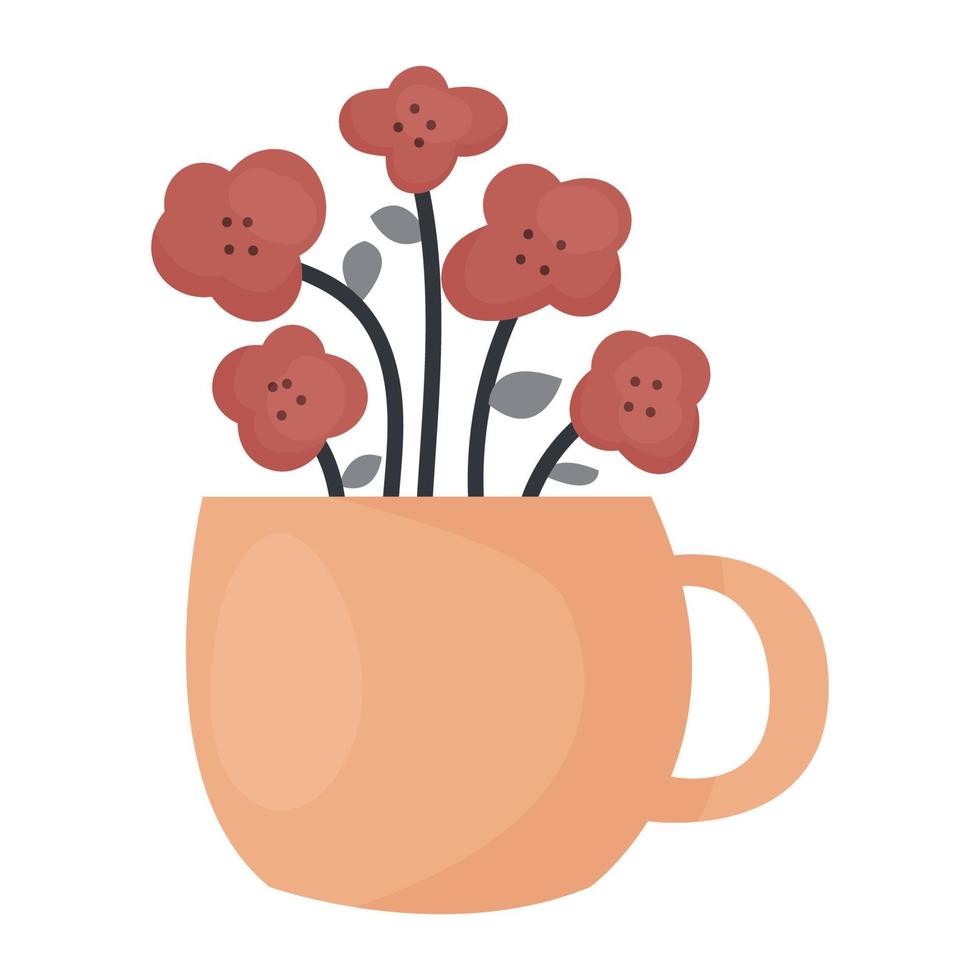 Cute flowers in a cup. Flat vector illustration isolated on white background