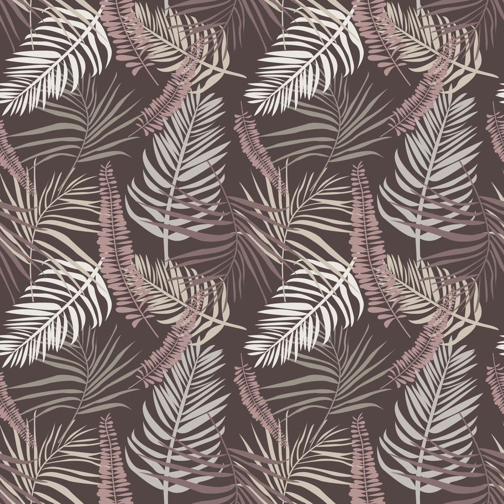 Tropical seamless pattern with palm leaves and fern branches. Endless texture in bohemian style for t shirt print, wallpaper, textile, invitation design. Vector illustration on brown background