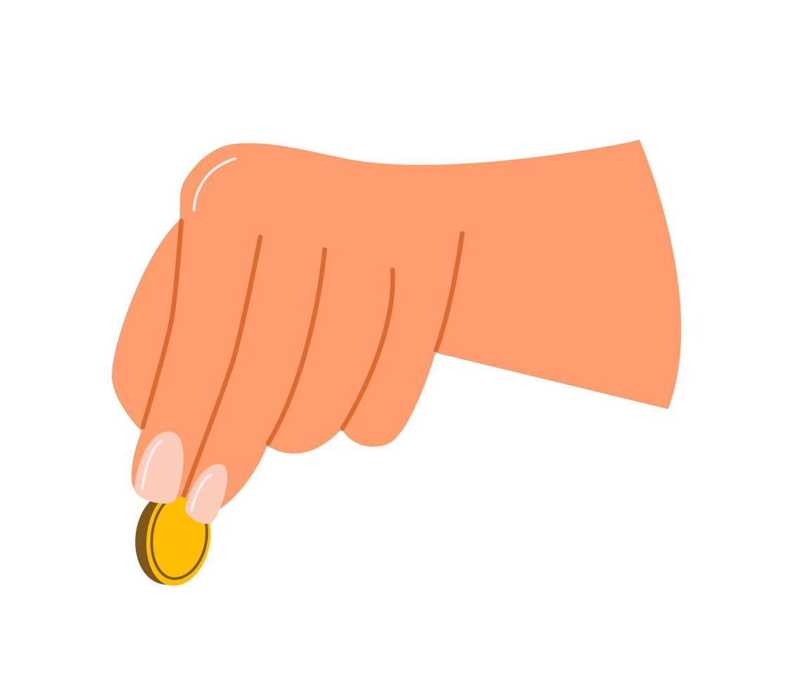 Female hand giving gold coin. Person holding money. Paymant gesture. Donation and financial support concept. Flat vector illustration isolated on white background