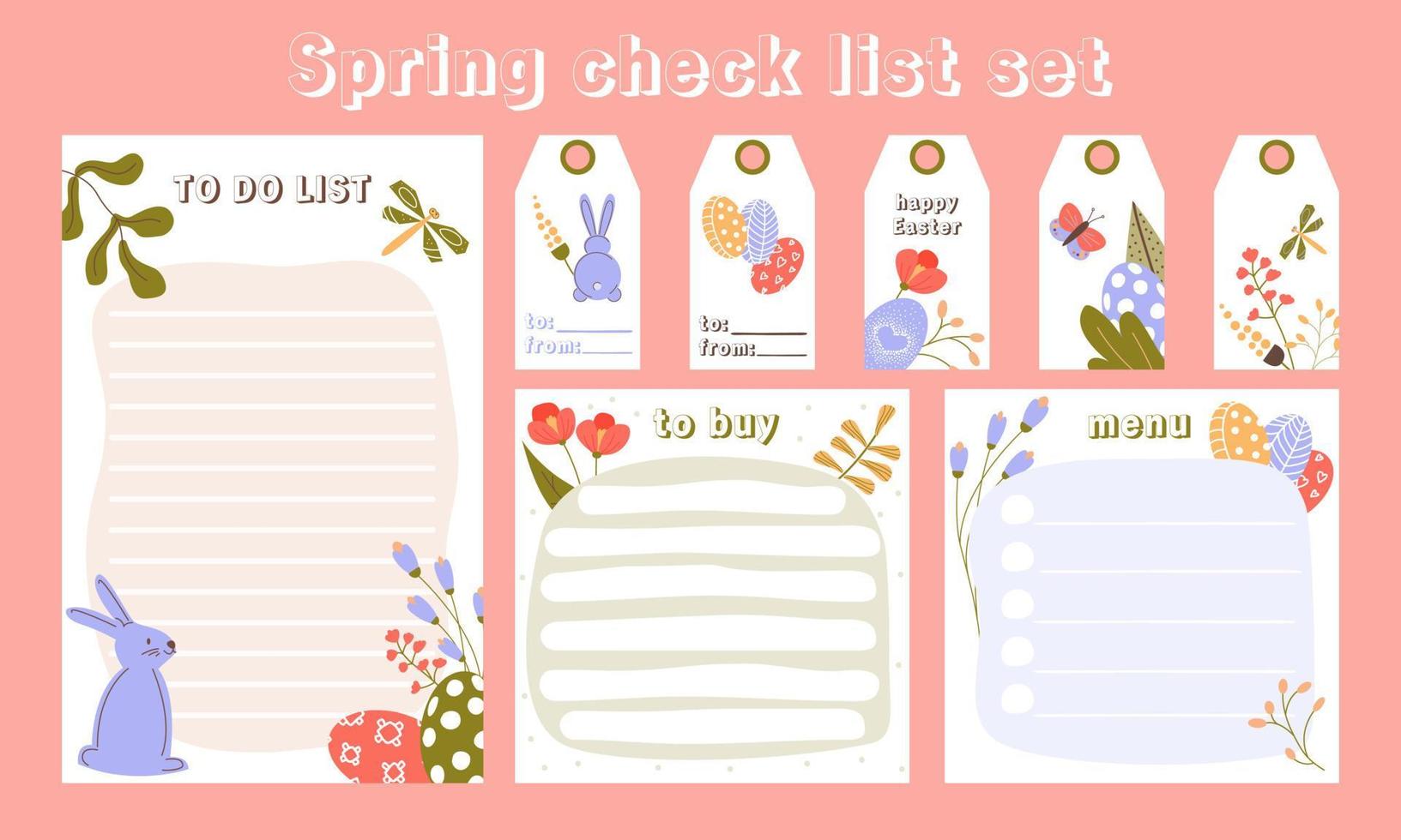 Set of Easter to do lists, pages for notes, labels and tags. Cute spring checklists templates. Colored flat vector illustration with floral decoration