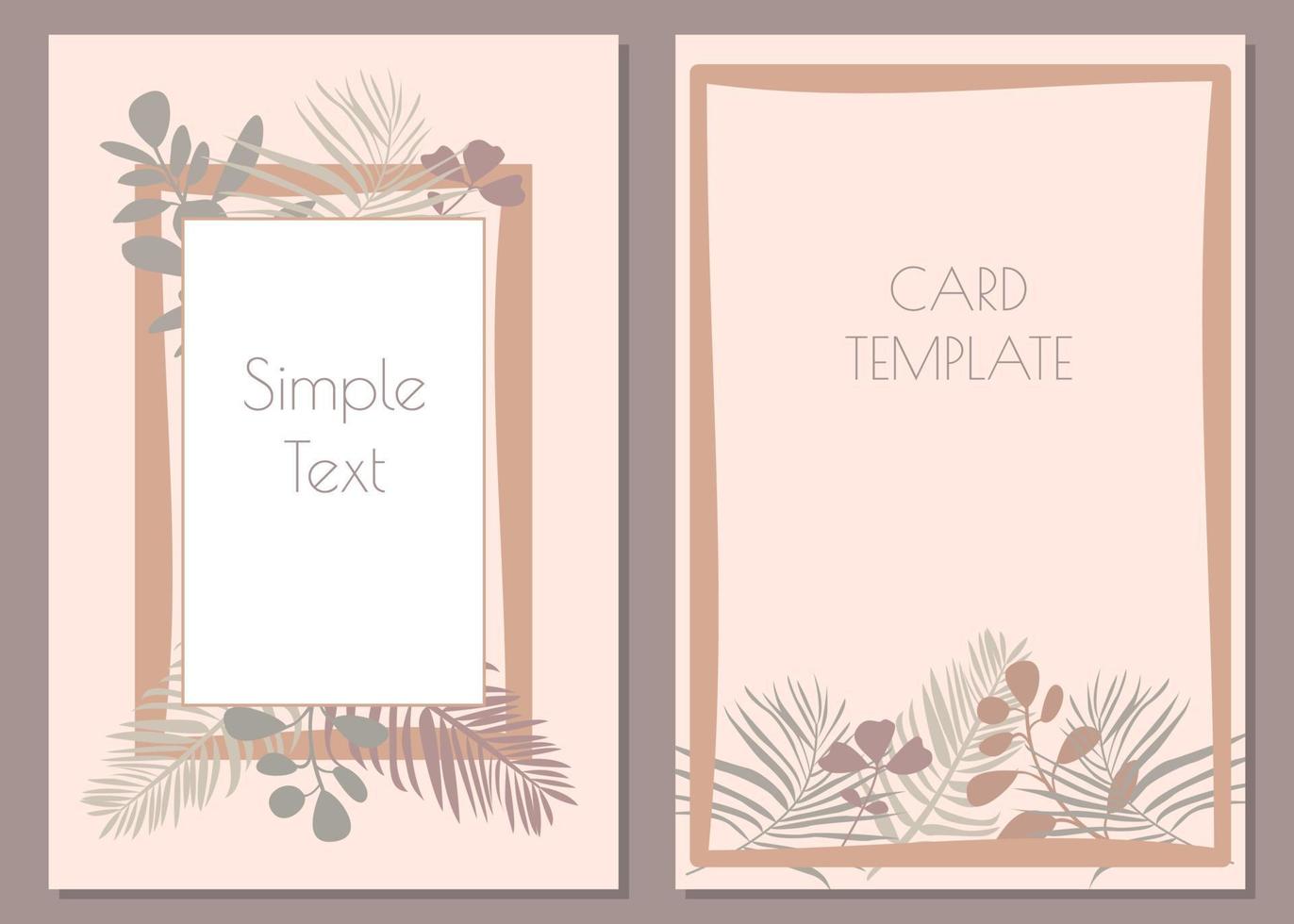 plantilla de tarjeta botánica de otoño moderna con ramas y hojas tropicales. tarjetas de follaje exótico con espacio para texto. ilustración de vector plano para invitaciones de boda, páginas de cuaderno, álbum de recortes