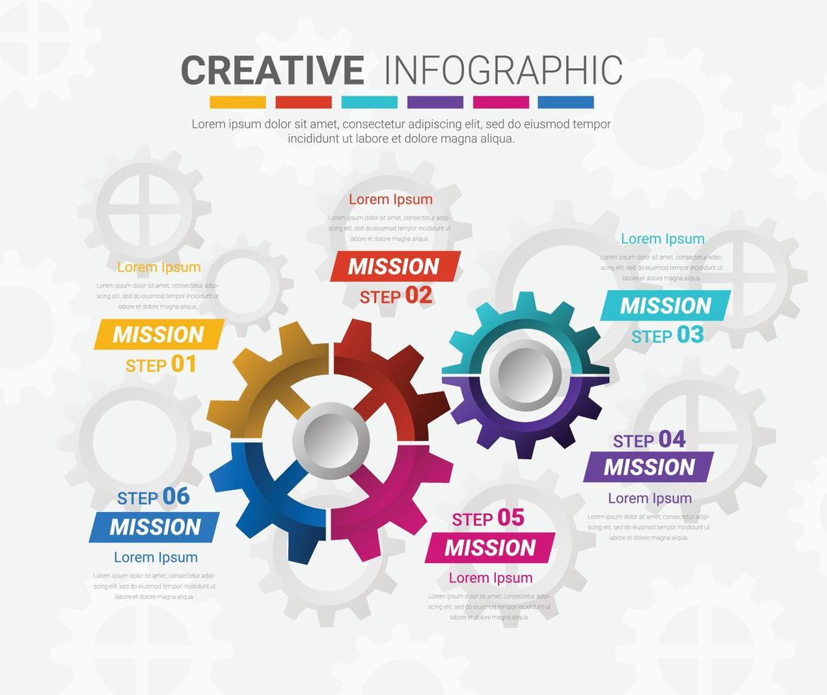 Gears cogwheels 6 steps for Infographic template. vector