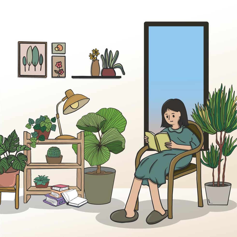 mujer y plantas en la sala de estar, mobiliario interior minimalista. vector