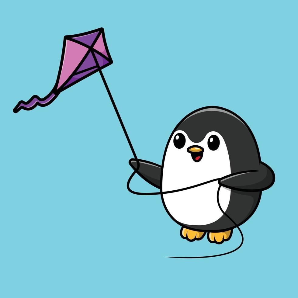 Cute Penguin Playing Kite Cartoon Vector Icon Illustration. Animal Game Icon Concept Isolated Premium Vector. Flat Cartoon Style