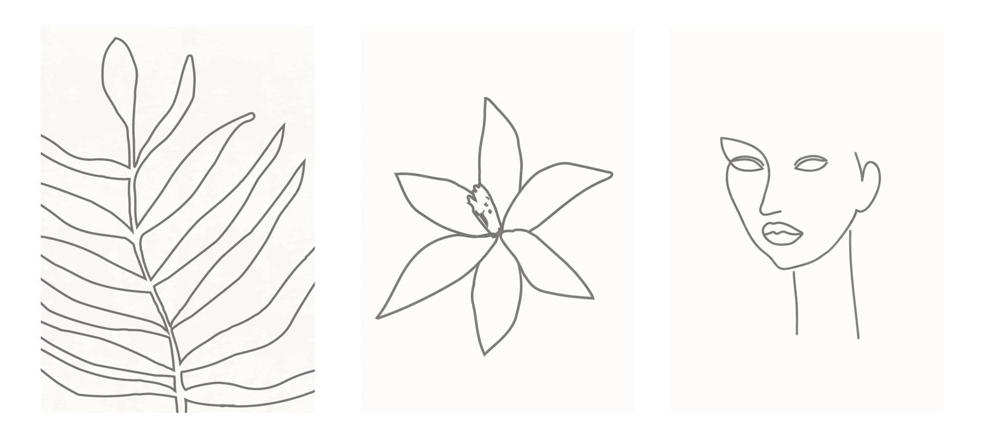 conjunto de tres carteles minimalistas abstractos con contorno de cara, hojas y ramas de mujer. dibujo de follaje, ilustración de vector de impresión de arte natural. diseño de plantas para fondo, papel pintado, tarjeta, arte mural