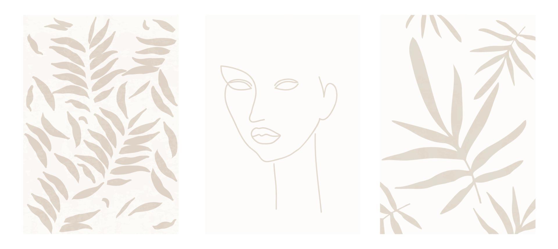 Set of three abstract minimalistic posters with woman face, leaves and branches. Foliage drawing, natural art print vector illustration. Plant design for background, wallpaper, card, wall art