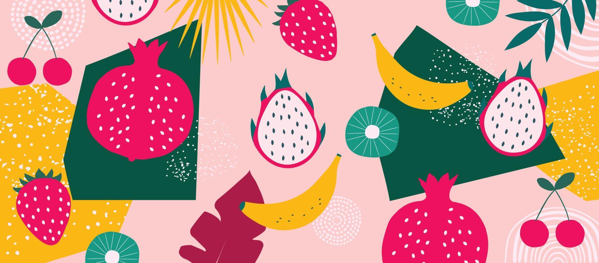 cartel de frutas exóticas. diseño tropical de verano con frutas, plátano, fresa, granada, pitaya, cereza, mezcla de colores kiwi. dieta saludable, ilustración de vector de fondo de comida vegana