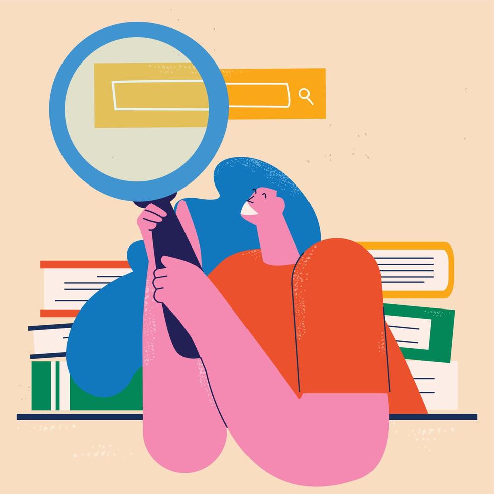 Education, learning, teaching flat vector illustration. Classes, lessons, training courses, tutorials, books and research, library, searching for a book concept for mobile and web graphics