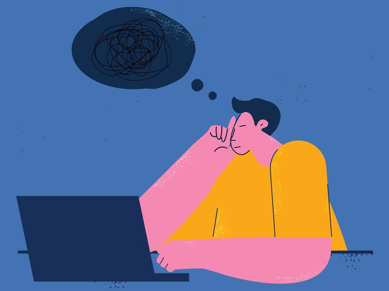 Depression, anxiety problems, stress, dementia concept flat vector illustration. Sad, unhappy and tired man thinking, feeling stressed and frustrated