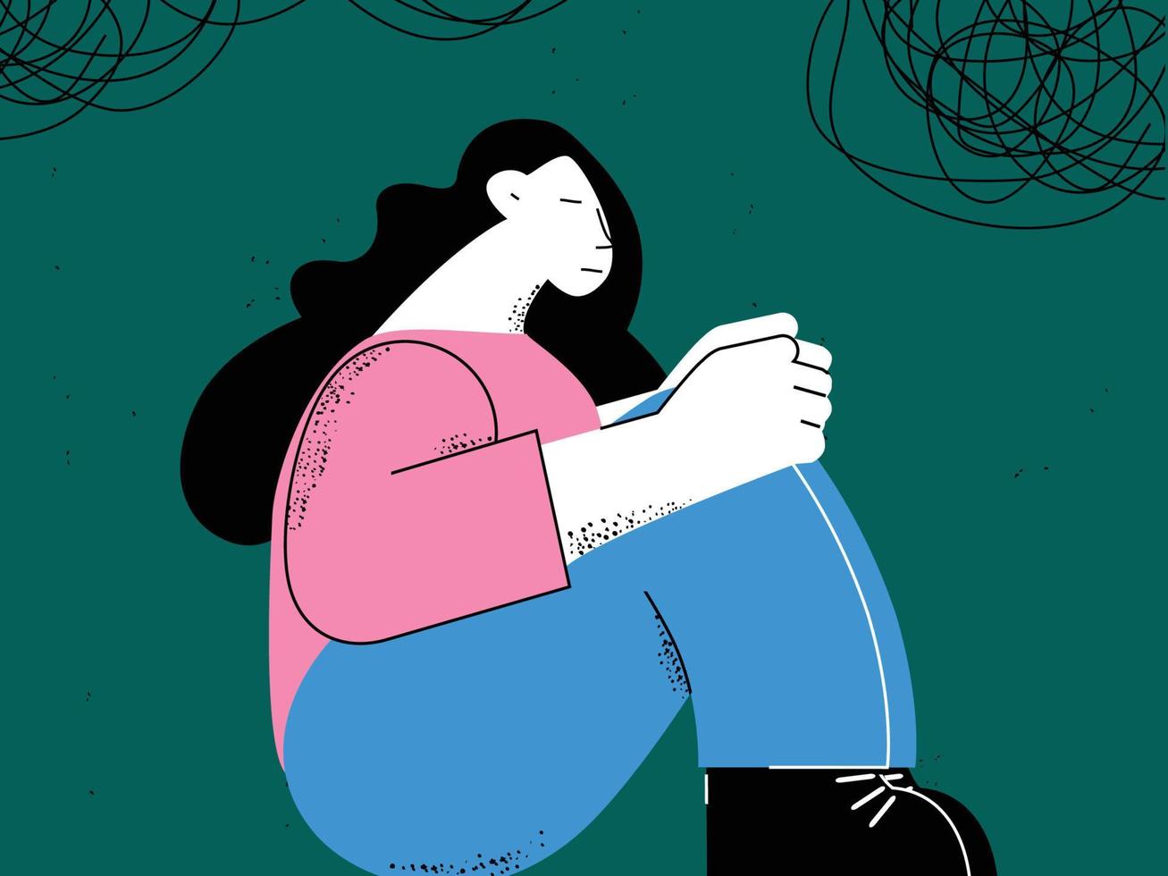 Depression, anxiety problems, stress, dementia concept flat vector illustration. Sad, unhappy and tired woman thinking, feeling stressed and frustrated