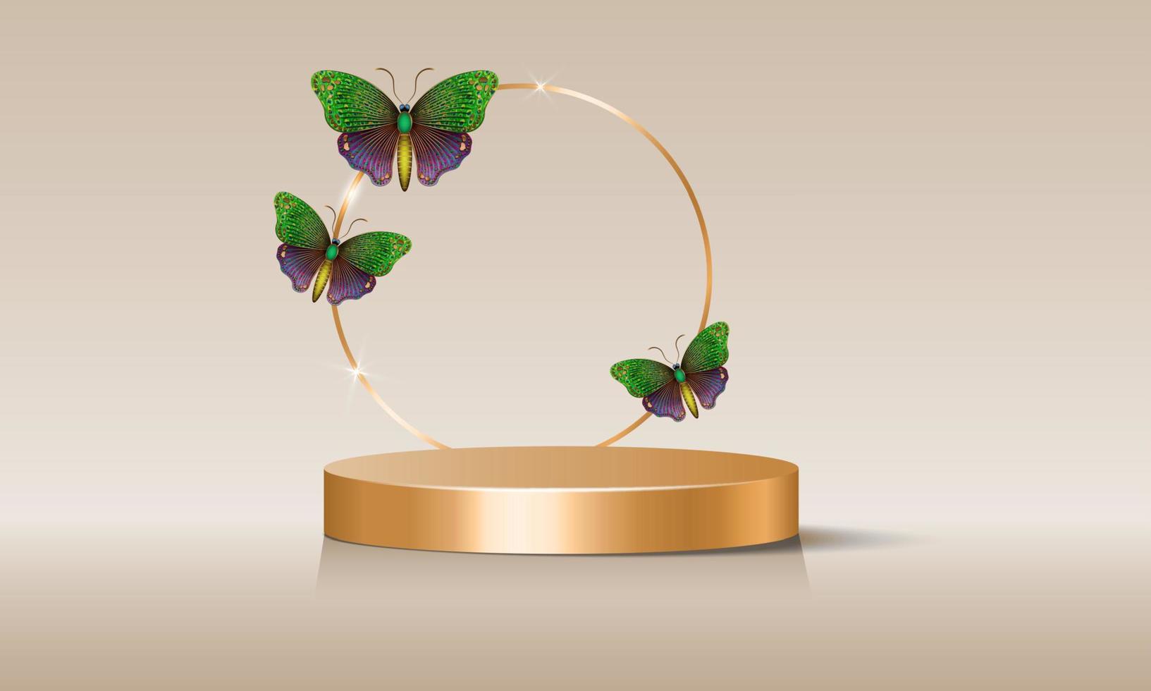 3d empty stage with gold round arch decorated with colorful butterflies, vector isolated on beige background. Showcase with blank podium and floral arrangement, commercial product display mockup