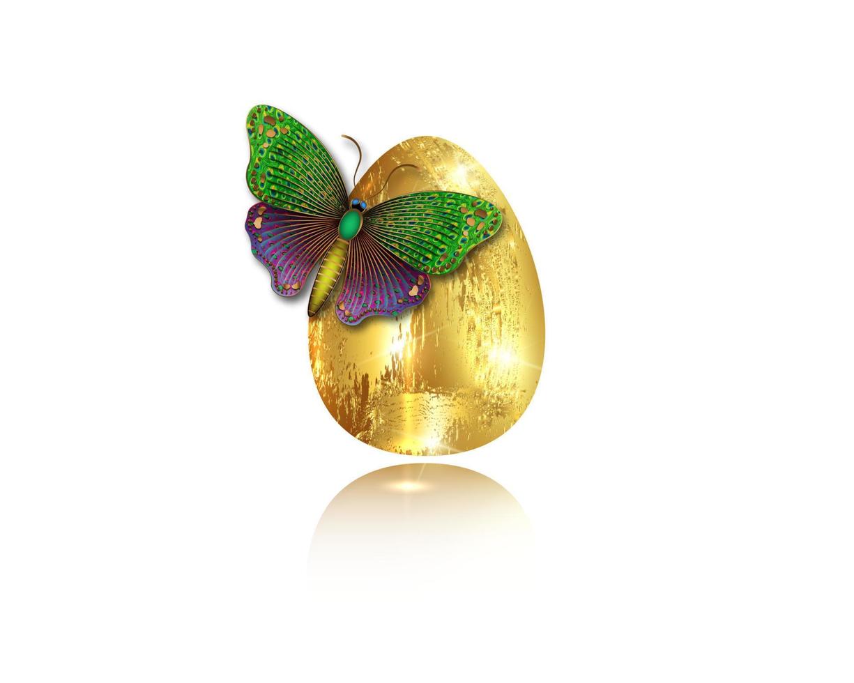 Realistic golden egg with luxury butterfly, Easter concept vector illustration isolated on white background