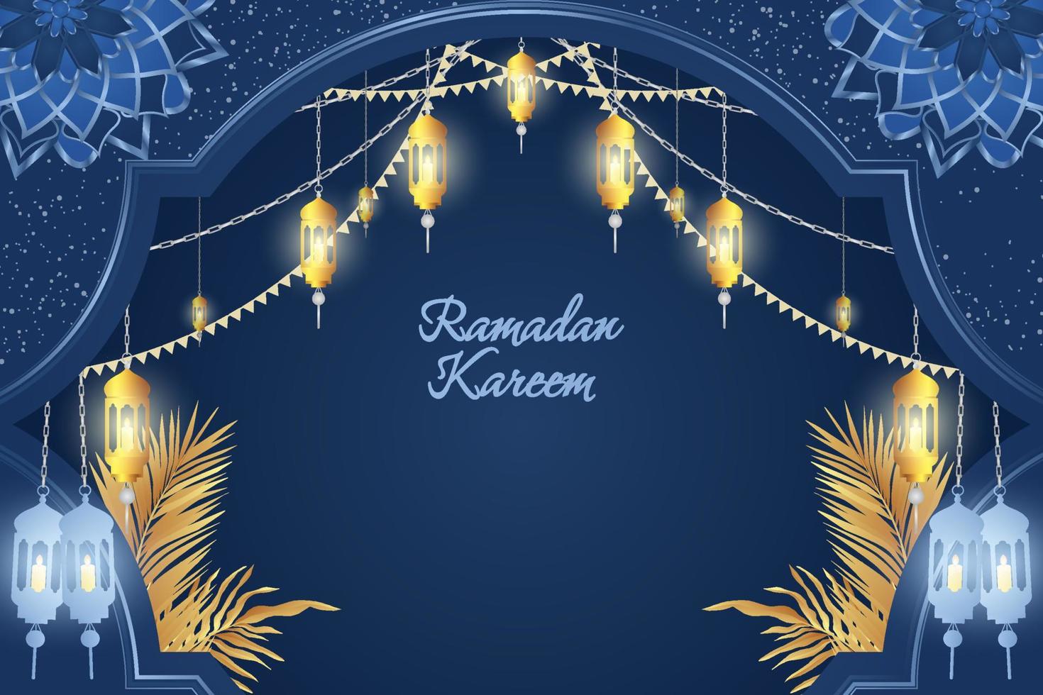 Ramadan Kareem Islamic style background blue and gold luxury with beautiful lamp vector