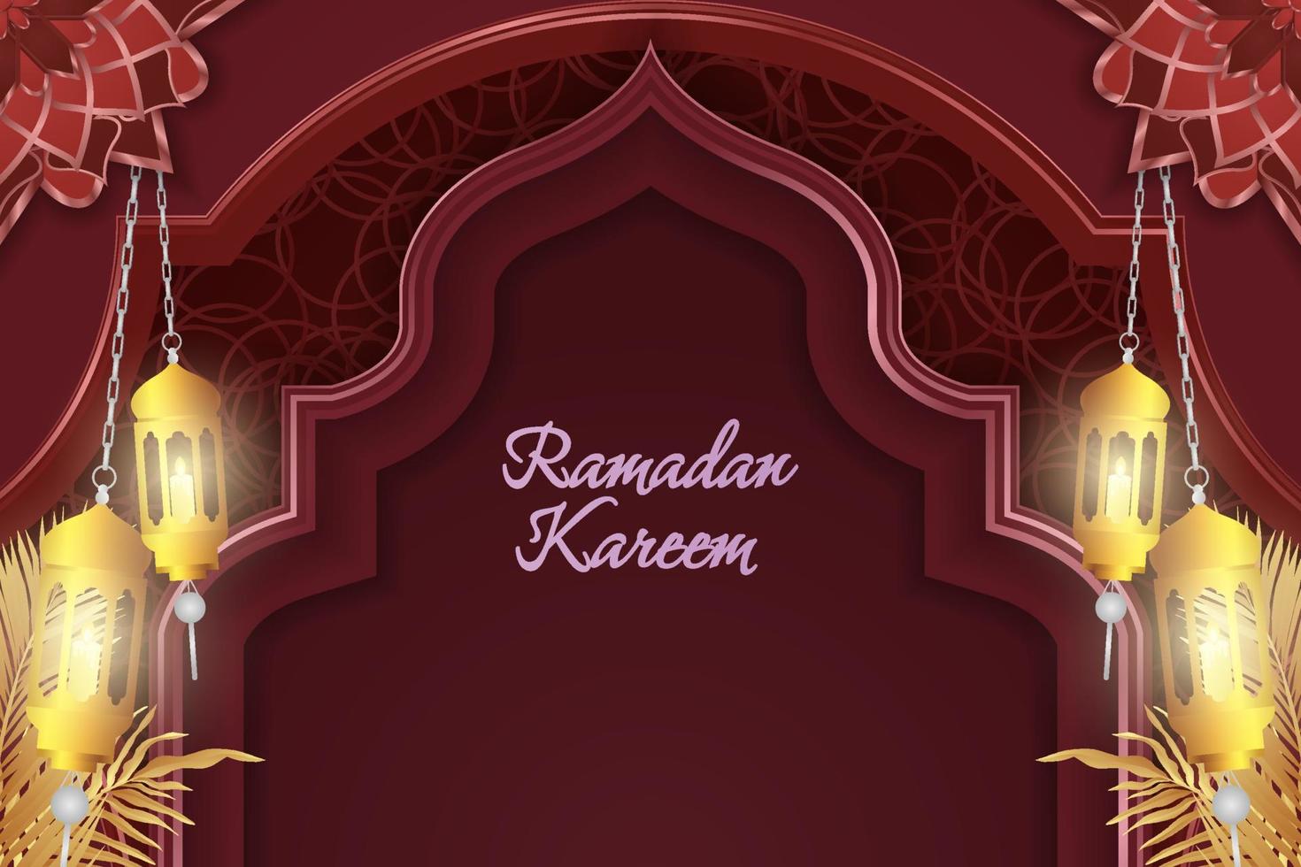 Ramadan Kareem Islamic style background red color with beautiful lamp vector
