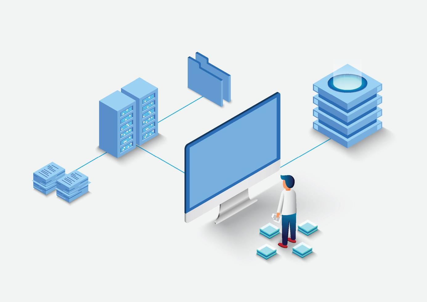 computación de big data center, procesamiento de información, base de datos. enrutamiento de tráfico de Internet, tecnología de vector isométrico de rack de sala de servidores.