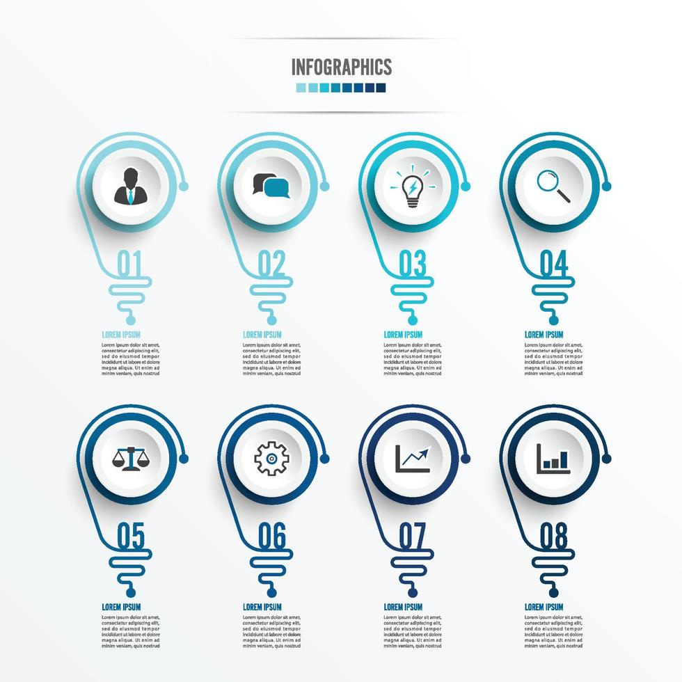 infografía abstracta con bombilla. infografías para presentaciones de negocios o banner de información 8 opciones. vector