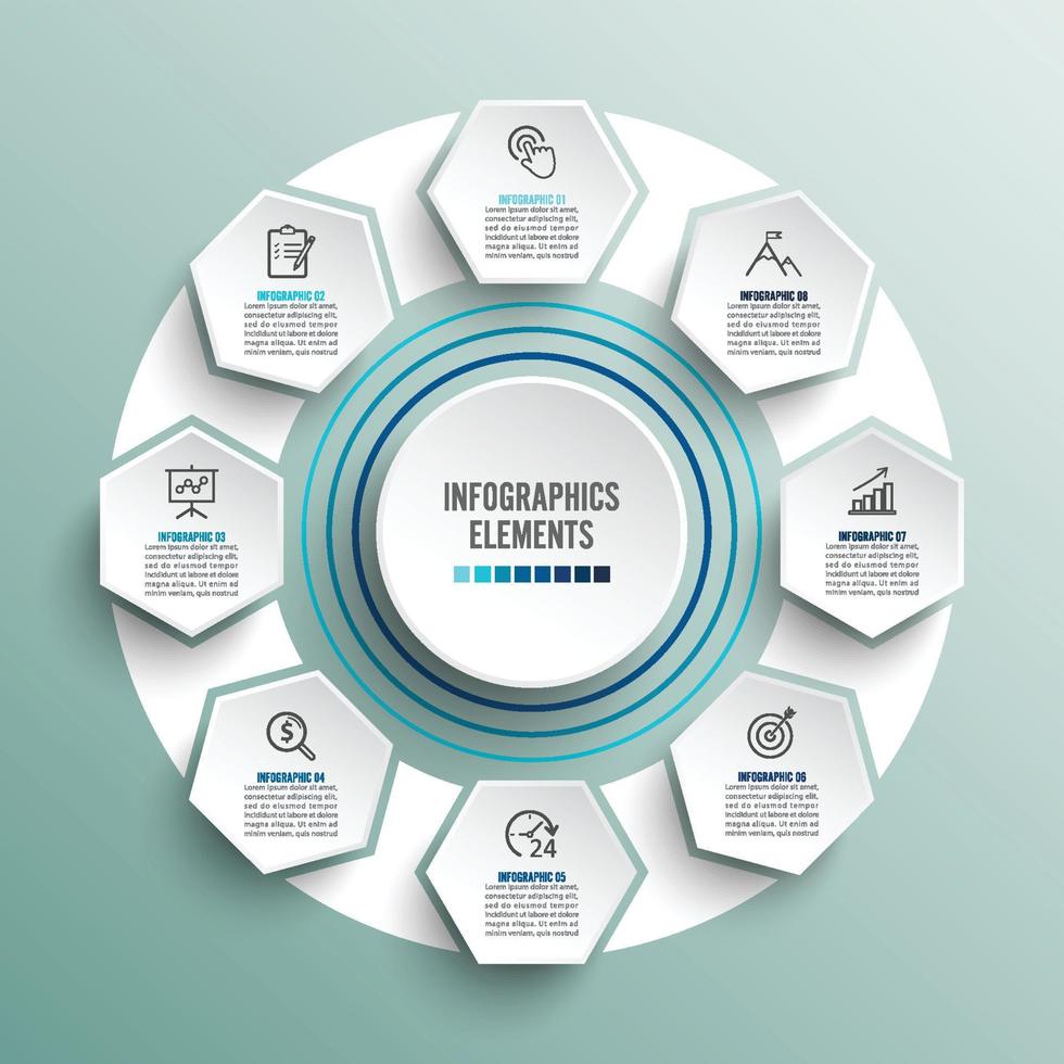 Vector infographic template with 3D paper label, integrated circles. Business concept with 8 options. For content, diagram, flowchart, steps, parts, timeline infographics.