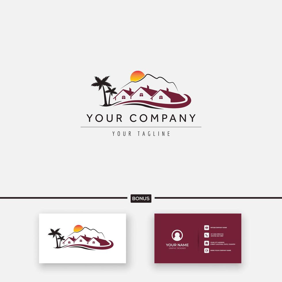 view home and mountain logo palm tree vector