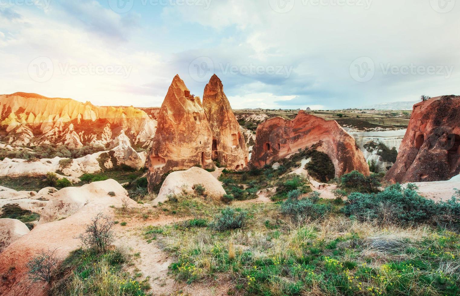 Panorama of unique geological formations in Cappadocia, Turkey. photo