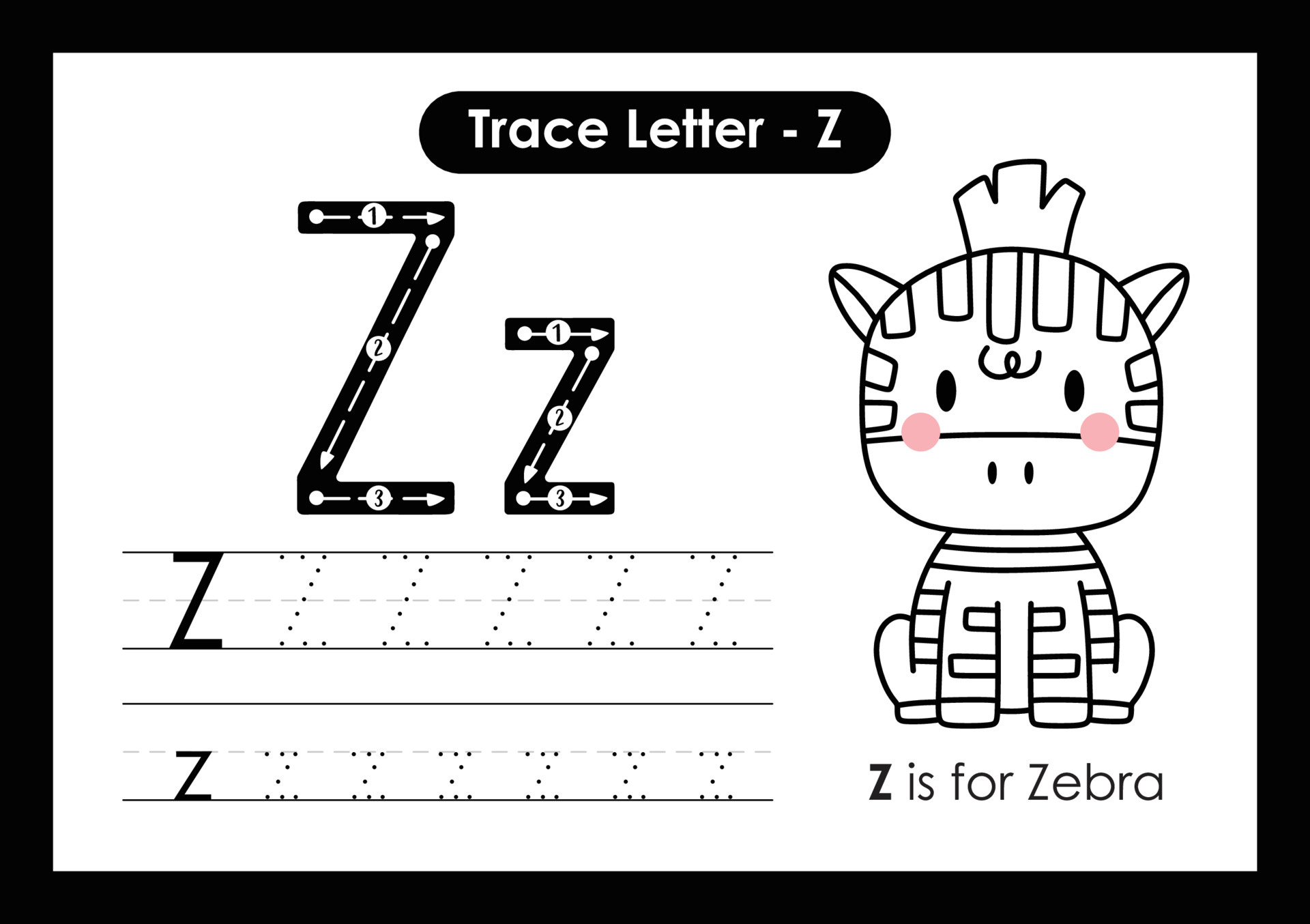 alphabet trace letter a to z preschool worksheet with letter z zebra 6537366 vector art at vecteezy