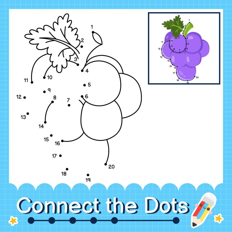 conecta los puntos contando los números del 1 al 20 hoja de trabajo del rompecabezas con la ilustración de la fruta vector