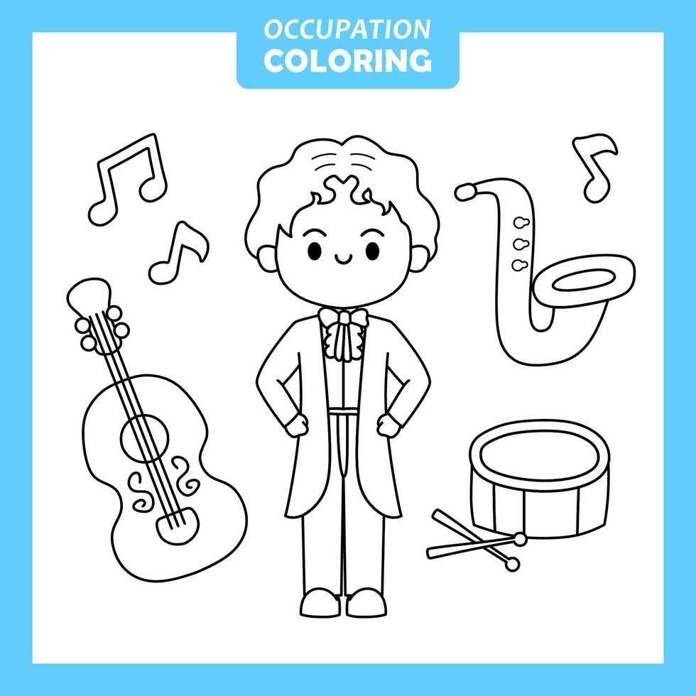 Coloring cute baby animal cartoon with Occupation job Musician vector