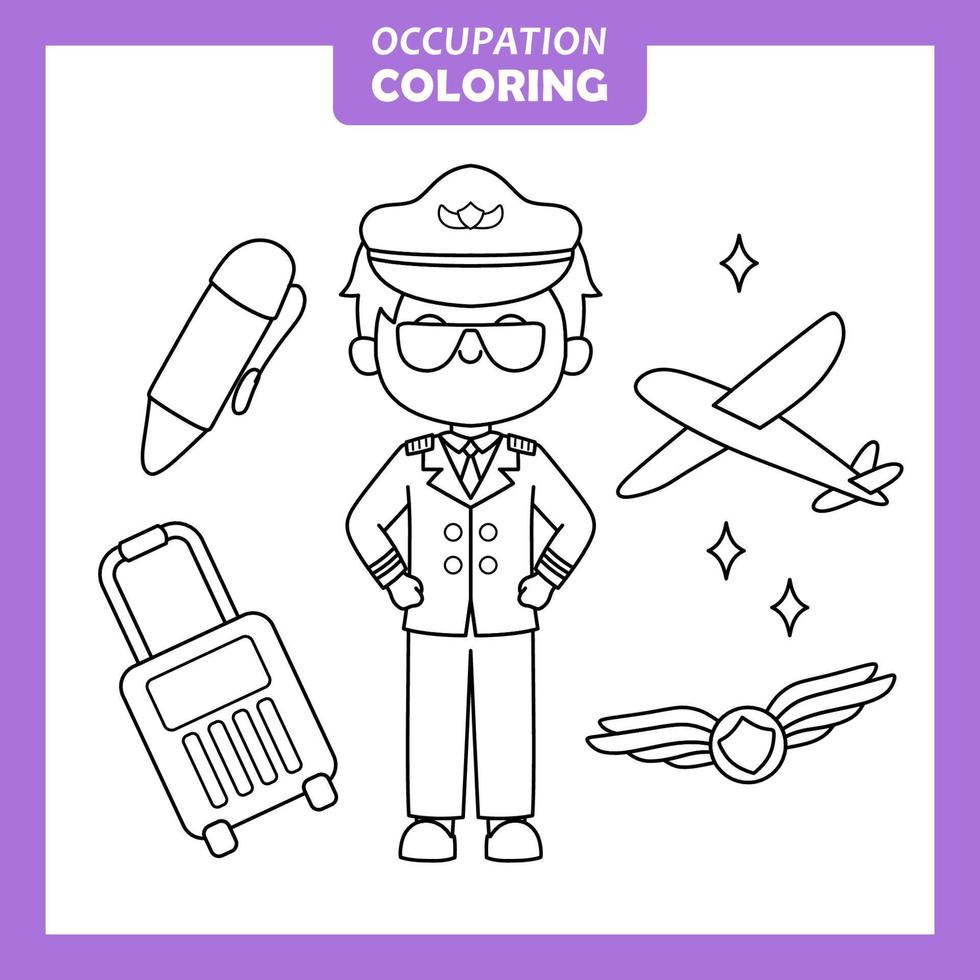 Coloring cute baby animal cartoon with Occupation job Pilot vector