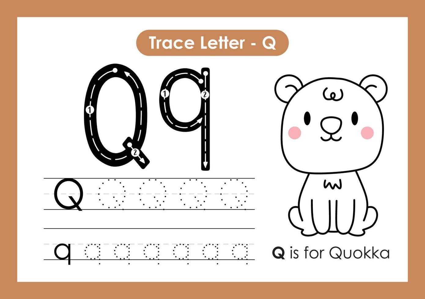 hoja de trabajo preescolar de la letra a a la z del alfabeto con la letra q quokka vector