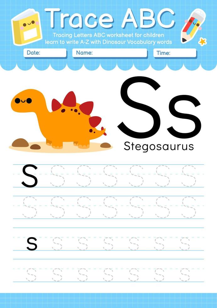 Alphabet Trace Letter A to Z preschool worksheet with Dinosaur Type vector