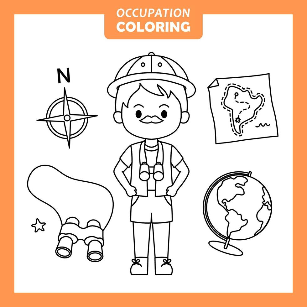 Coloring cute baby animal cartoon with Occupation job Geographer vector