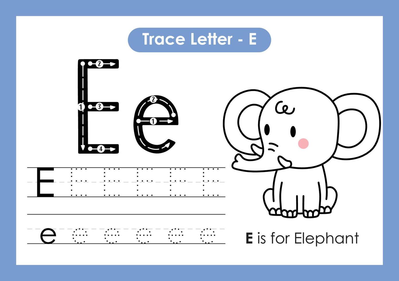 Alphabet Trace Letter A to Z preschool worksheet with Letter E Elephant vector