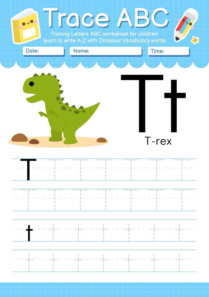 Alphabet Trace Letter A to Z preschool worksheet with Dinosaur Type vector