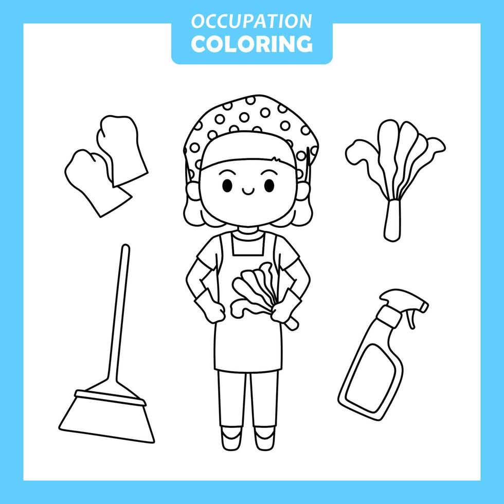 Coloring cute baby animal cartoon with Occupation job House keeper vector