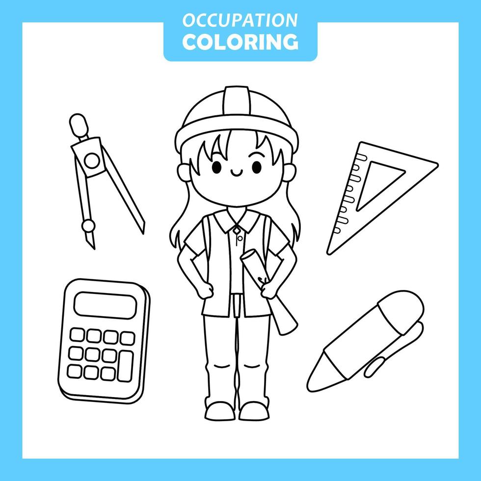Coloring cute baby animal cartoon with Occupation job Architect vector