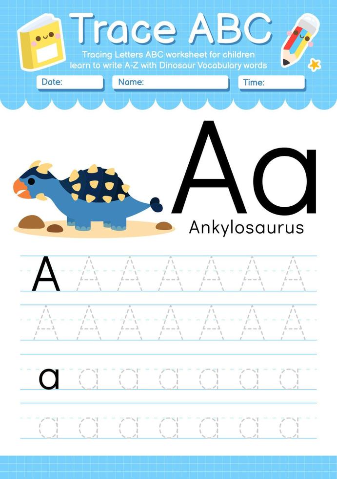 hoja de trabajo preescolar de la letra a a la z del alfabeto con tipo de dinosaurio vector