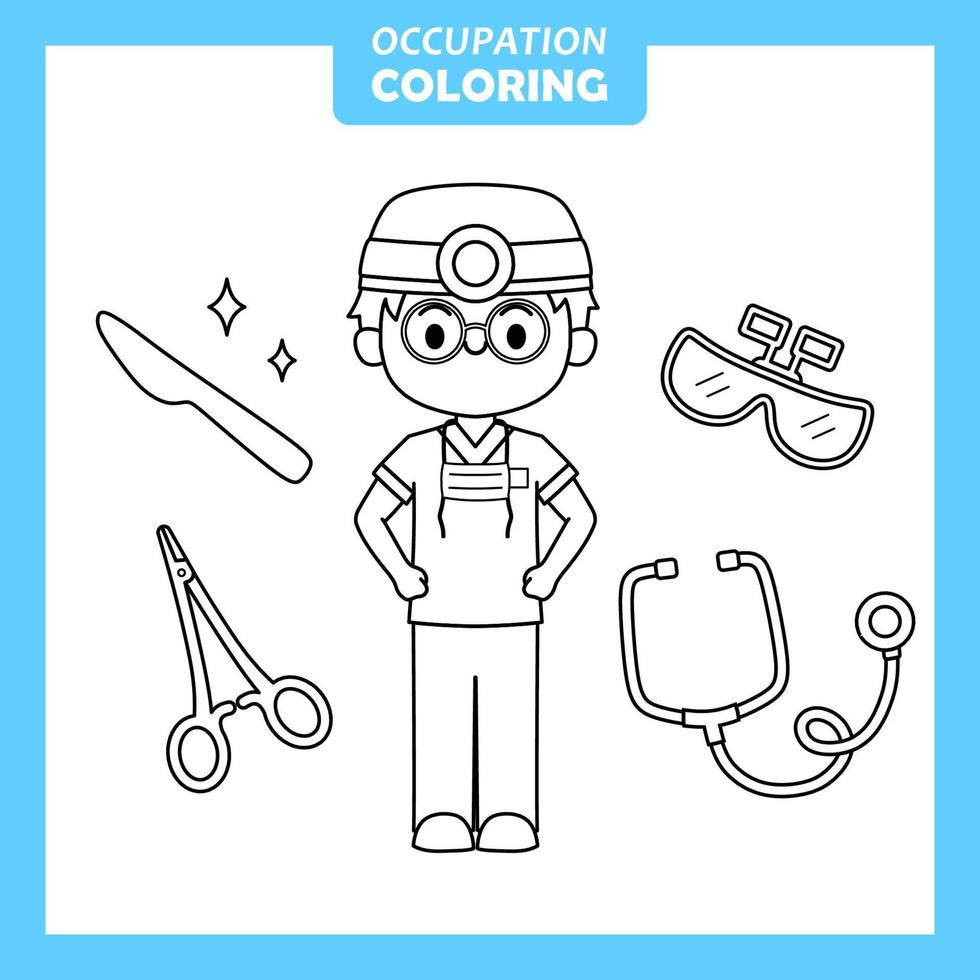 Coloring cute baby animal cartoon with Occupation job Surgeon vector