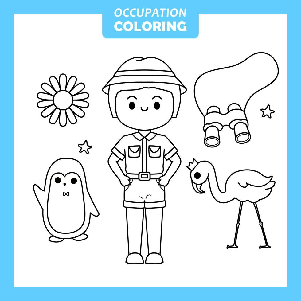 Coloring cute baby animal cartoon with Occupation job Zoo keeper vector