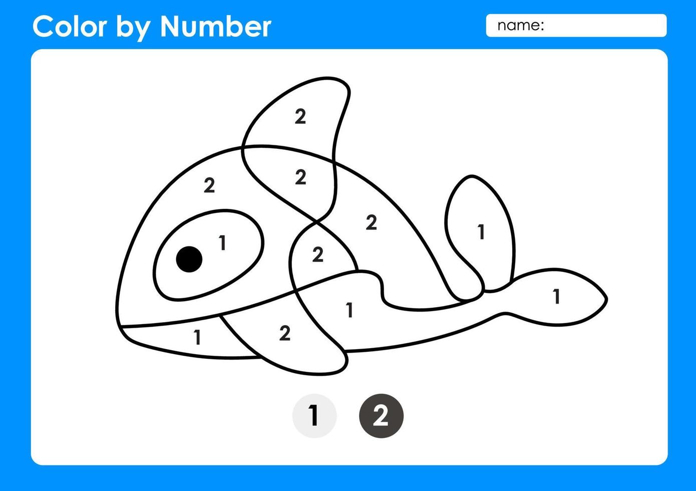 hoja de trabajo de color por número para que los niños aprendan números coloreando ballenas asesinas vector