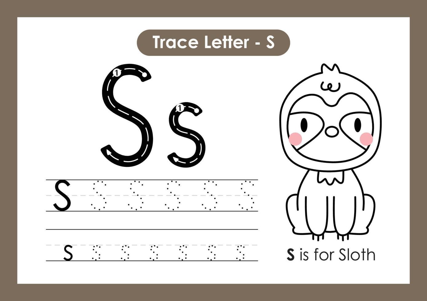 Alphabet Trace Letter A to Z preschool worksheet with Letter S Sloth vector
