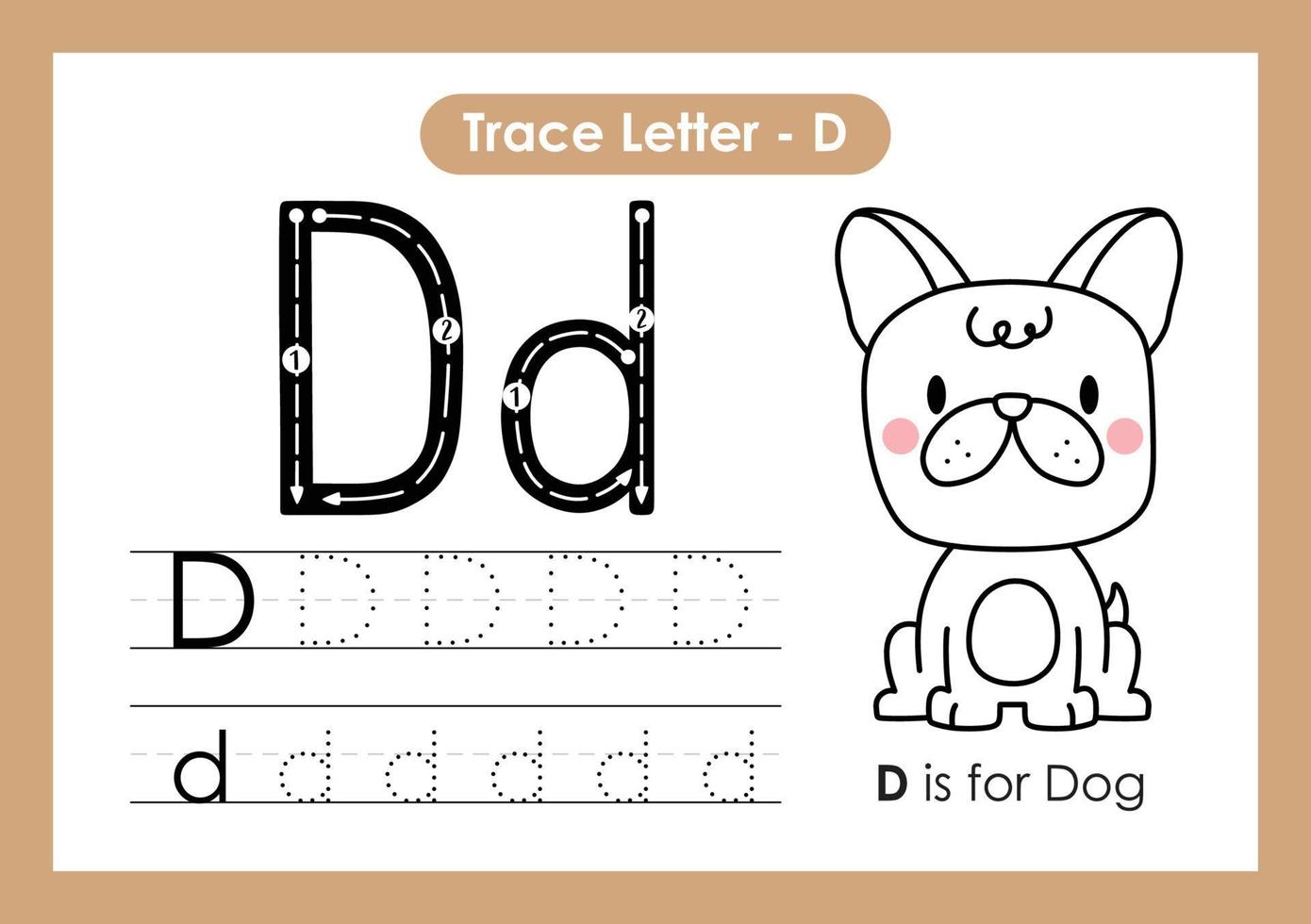 Alphabet Trace Letter A to Z preschool worksheet with Letter D Dog vector