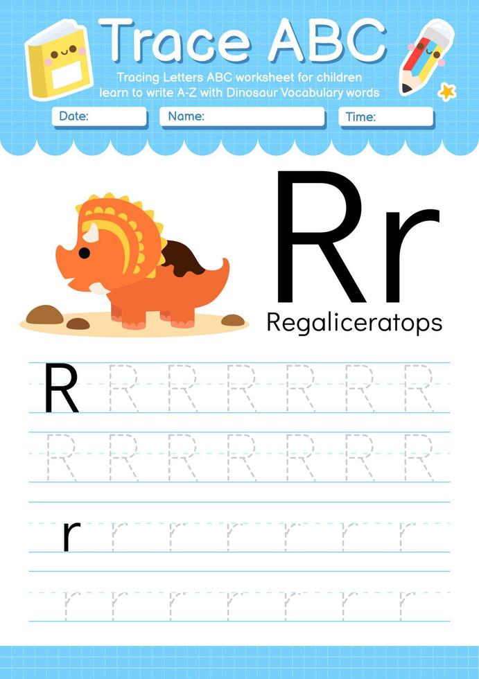 hoja de trabajo preescolar de la letra a a la z del alfabeto con tipo de dinosaurio vector