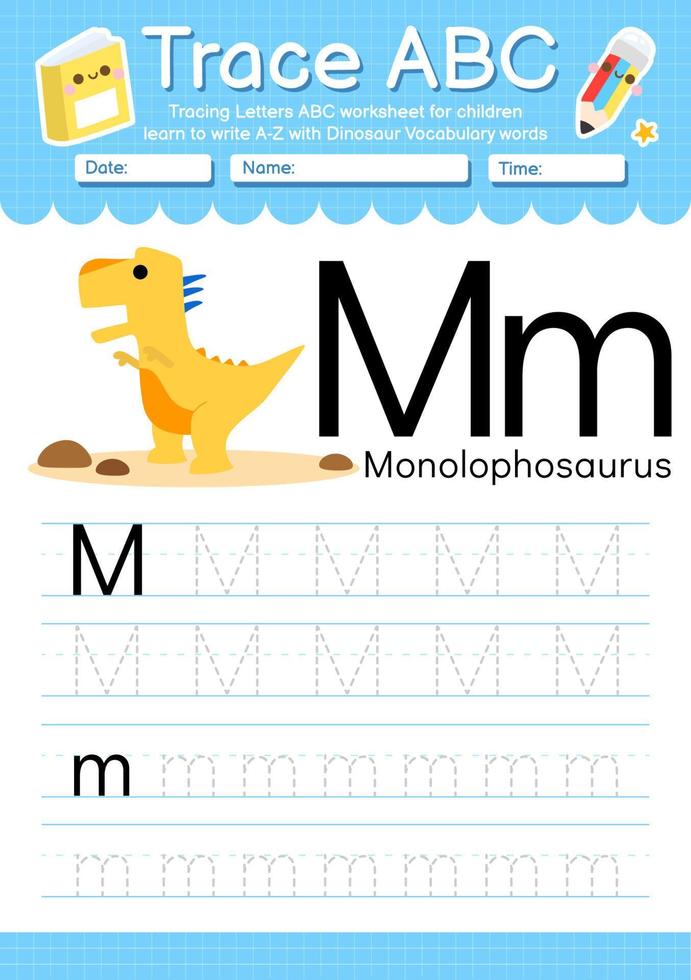 Alphabet Trace Letter A to Z preschool worksheet with Dinosaur Type vector