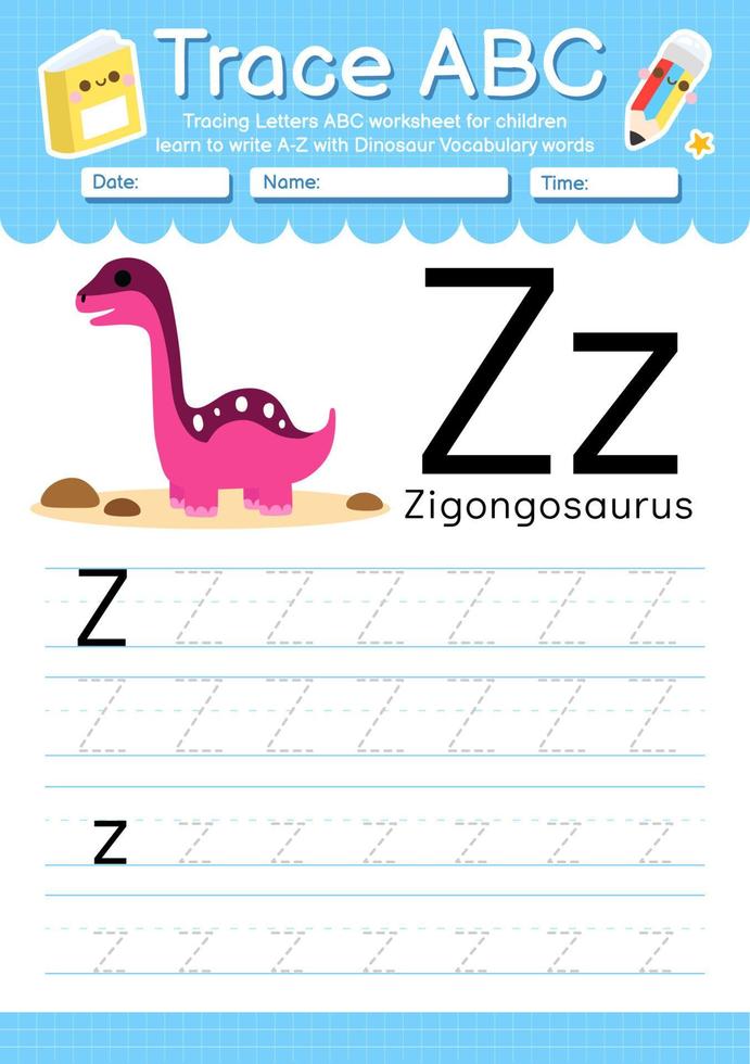 Alphabet Trace Letter A to Z preschool worksheet with Dinosaur Type vector