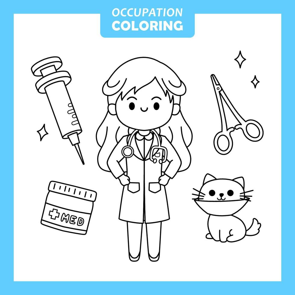 Coloring cute baby animal cartoon with Occupation job vet vector