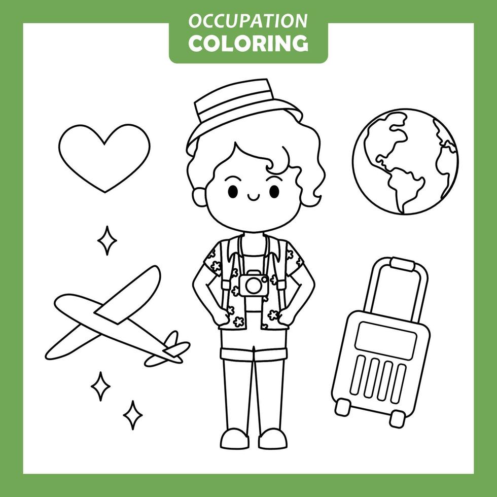 Coloring cute baby animal cartoon with Occupation job Traveller vector