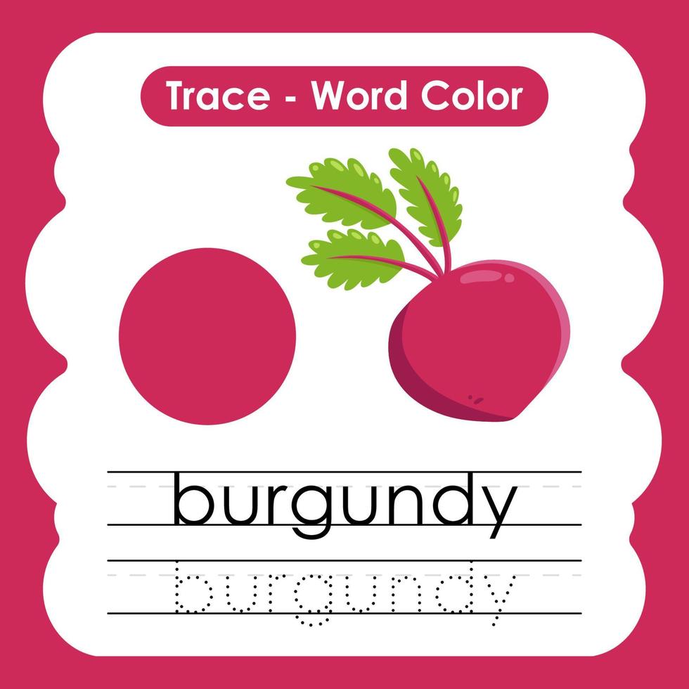 hojas de trabajo de calco de palabras en ingles con vocabulario de colores borgoña vector
