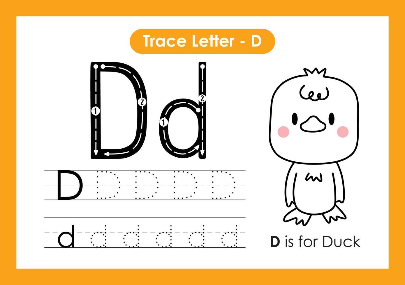 Alphabet Trace Letter A to Z preschool worksheet with Letter D Duck vector