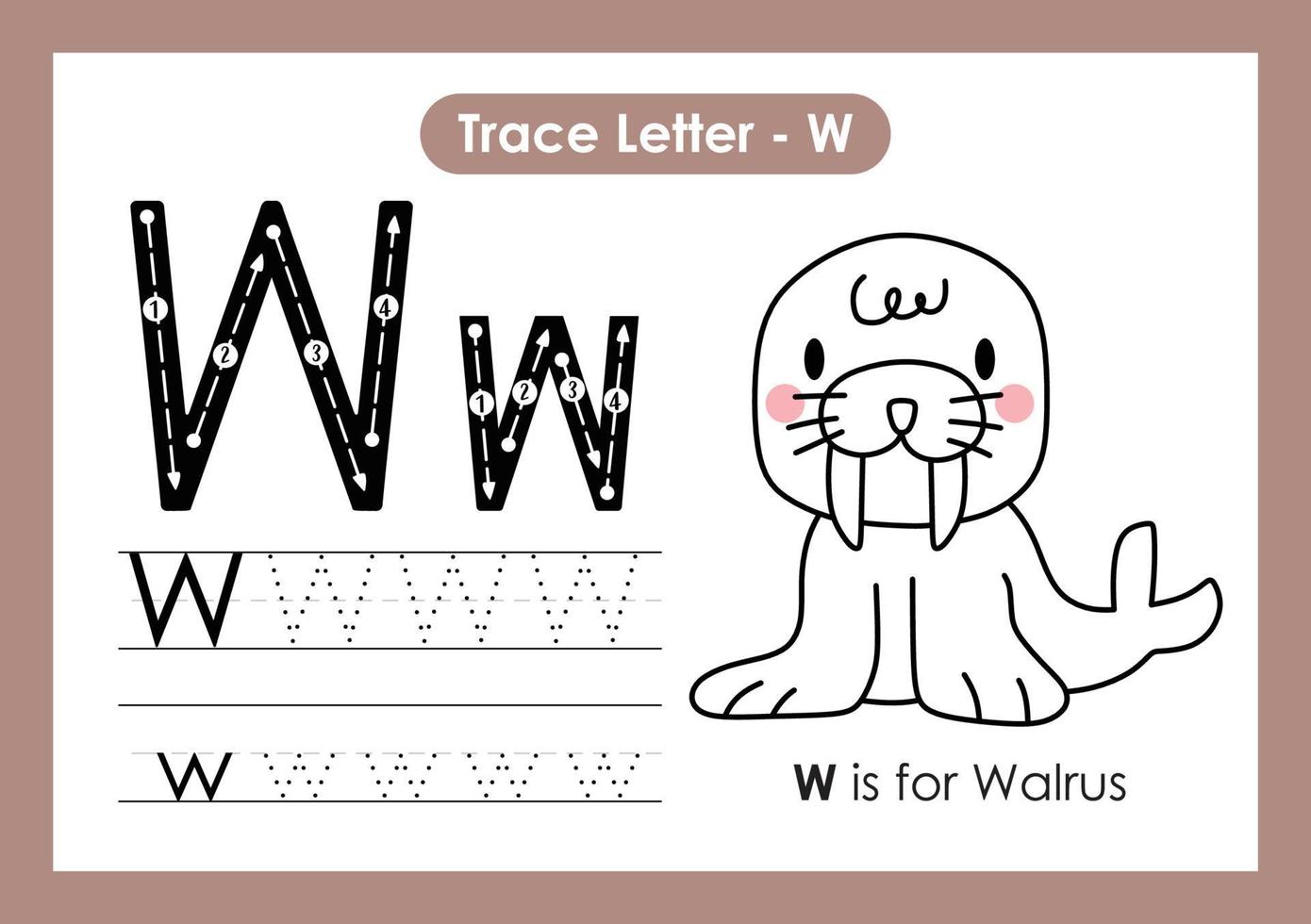 Alphabet Trace Letter A to Z preschool worksheet with Letter W Walrus vector