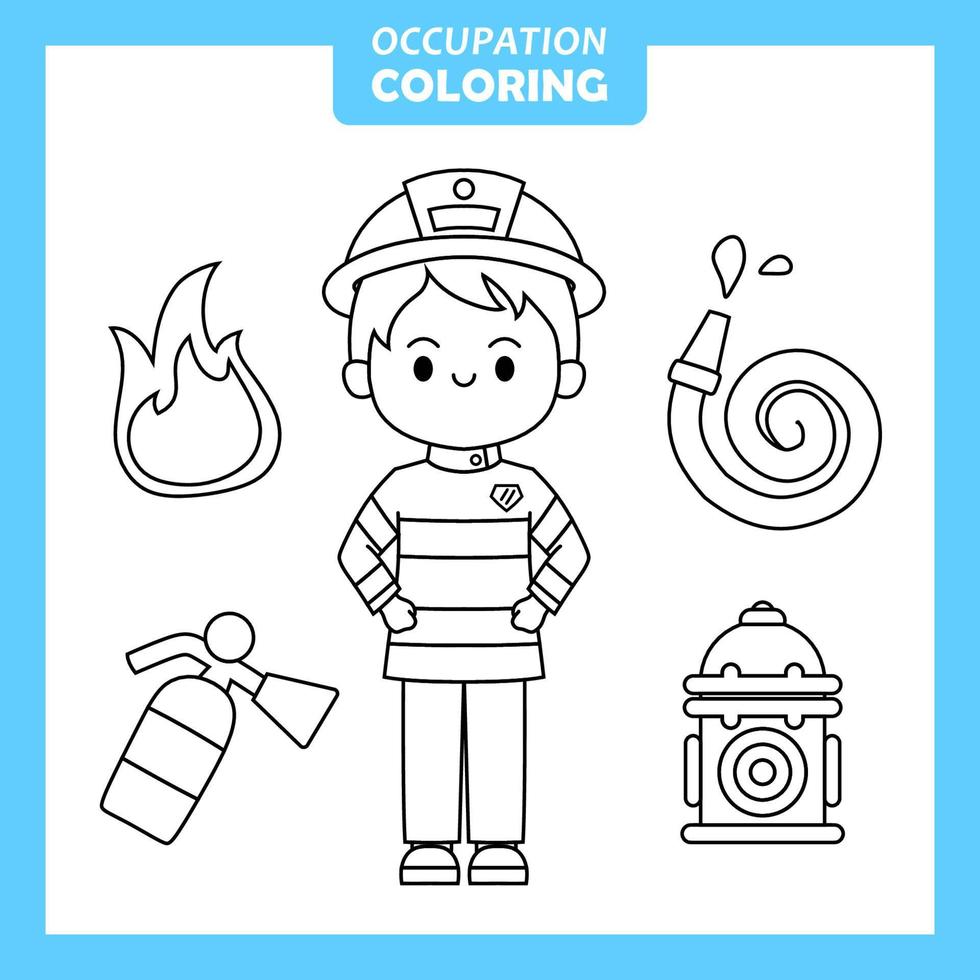 Coloring cute baby animal cartoon with Occupation job Fire Fighter vector