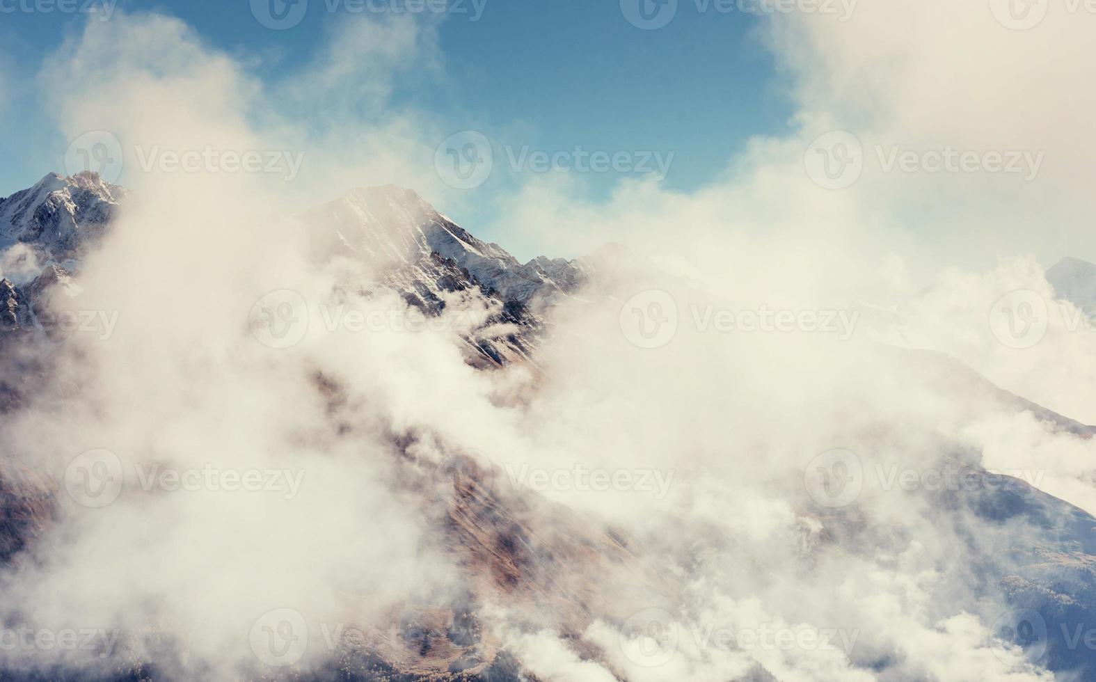 Thick fog on the mountain pass Goulet. Georgia, Svaneti. Europe. photo